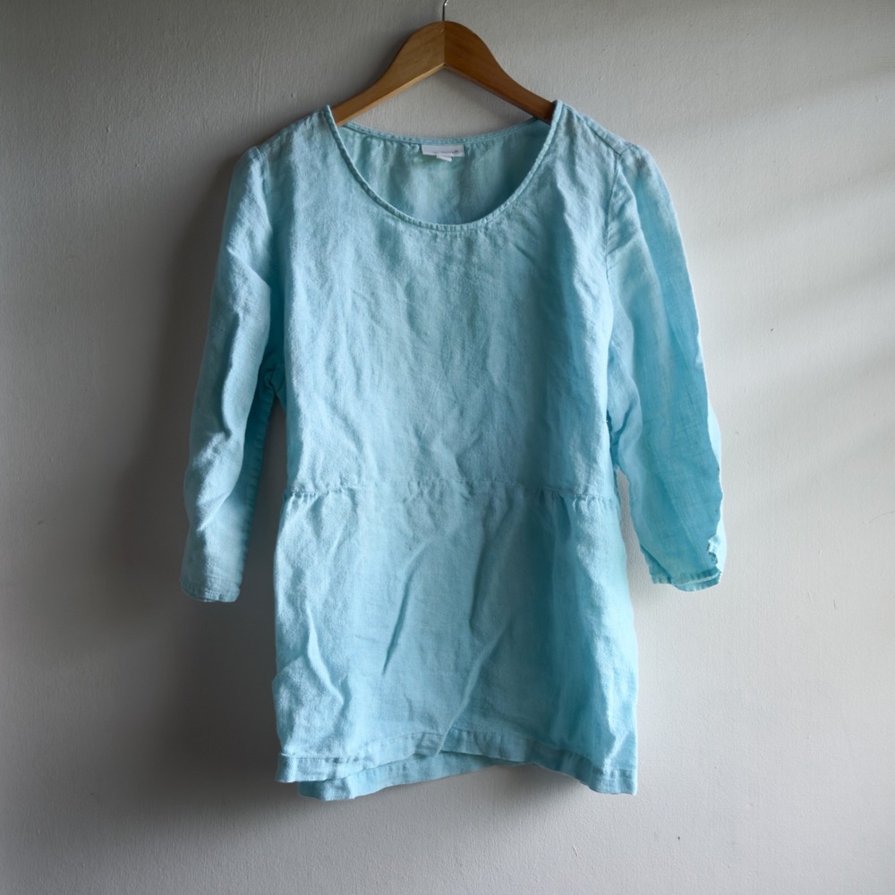 Pure Jill Linen Empire Waist Tunic Top Women L Aqua Blue Coastal Minimalist